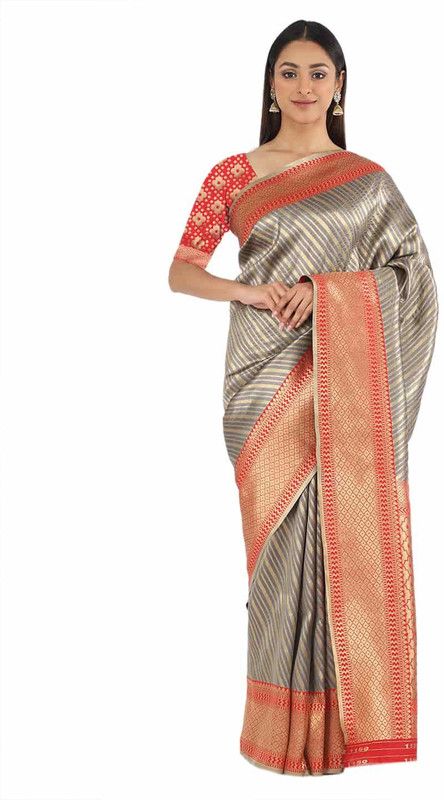 Striped Fashion Art Silk Saree  (Grey)