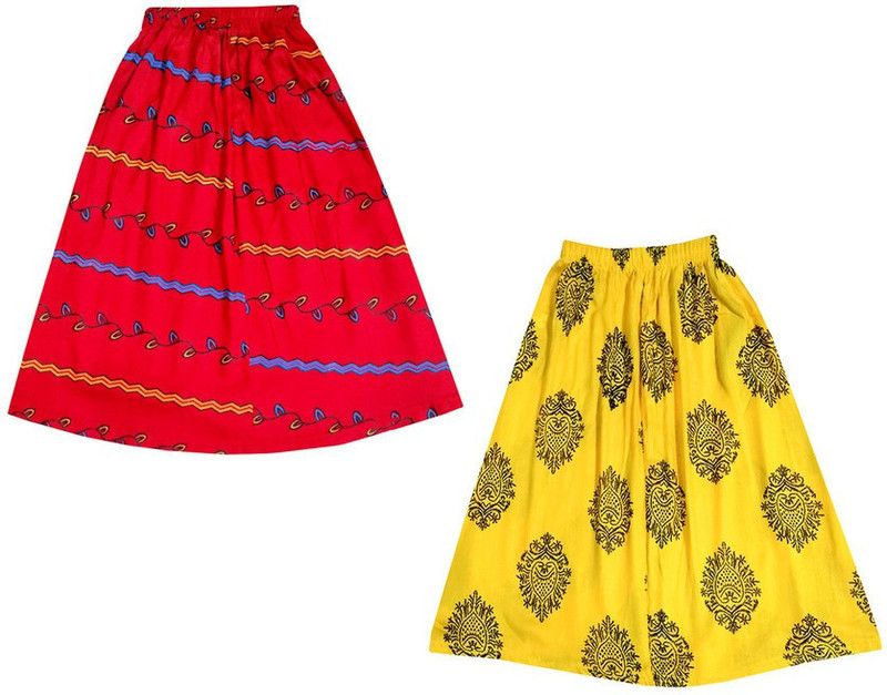 Girls Printed Flared Red, Yellow Skirt