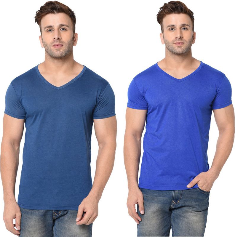 Pack of 2 Men Solid V Neck Cotton Blend Blue T-Shirt