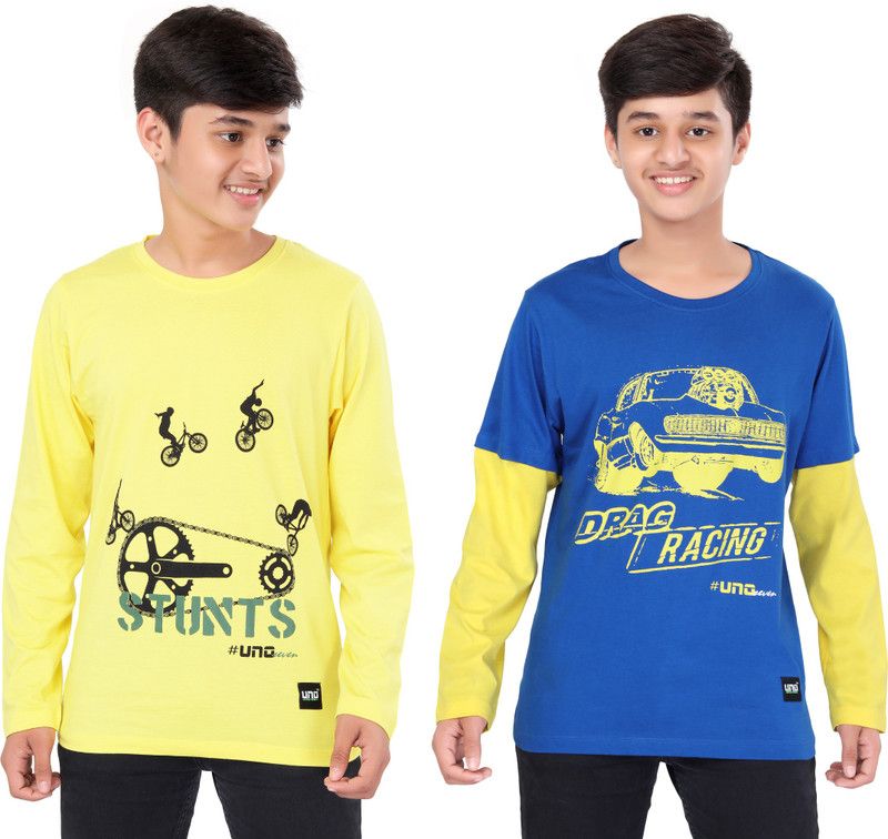 Boys Typography Pure Cotton T Shirt  (Blue, Pack of 2)