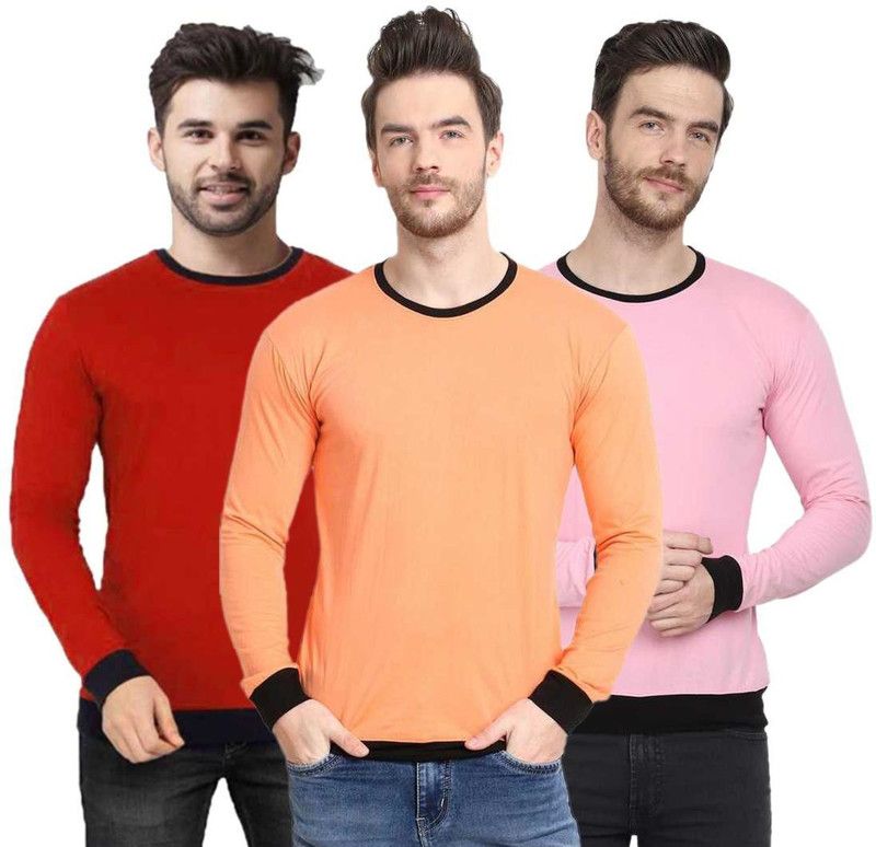 Pack of 3 Men Solid Round Neck Cotton Blend Red, Pink T-Shirt