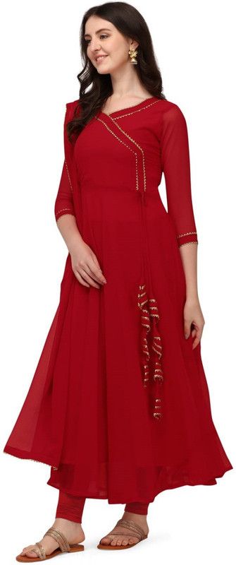 Women Solid Georgette Anarkali Kurta  (Red)
