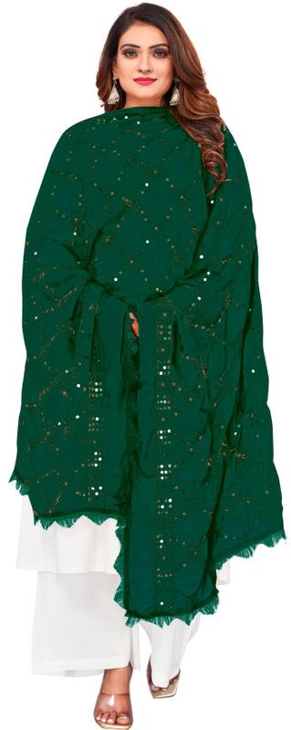 Chiffon Self Design, Embellished, Embroidered, Striped, Solid Dark Green Women Dupatta