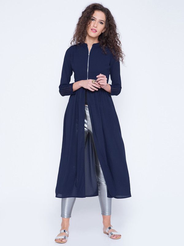 Women Solid Polyester Frontslit Kurta  (Blue)