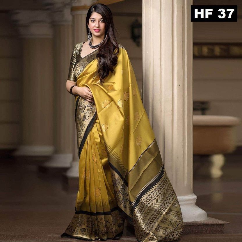 Paisley, Ombre, Striped, Embellished, Solid/Plain Banarasi Jacquard, Cotton Silk Saree  (Mustard)