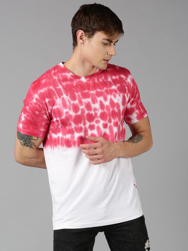 Men Tie & Dye Round Neck Pure Cotton Red, White T-Shirt