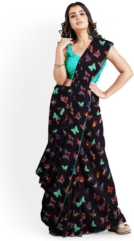 Fashion Georgette Saree  (Light Blue, Black)