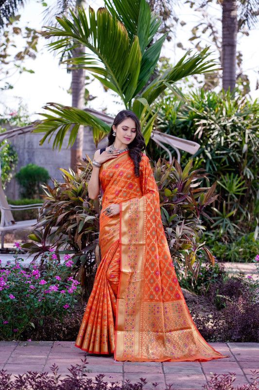 Self Design Patola Pure Silk Saree  (Orange)