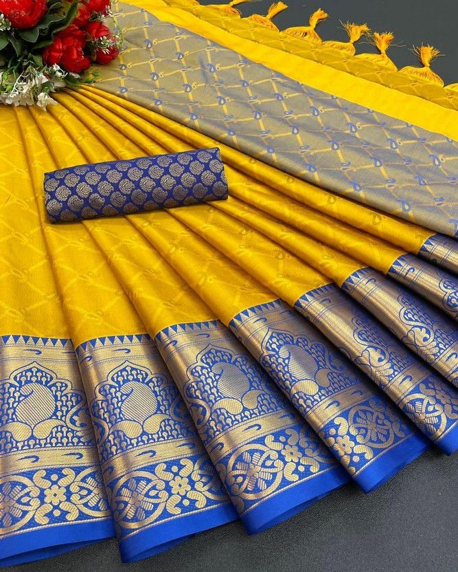 Self Design Dharmavaram Art Silk, Cotton Silk Saree  (Yellow)