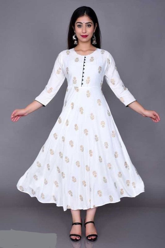 Women Printed Viscose Rayon Gown Kurta  (White)
