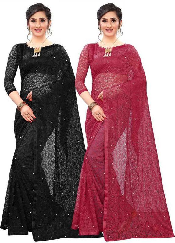 Embellished Bollywood Net, Brasso Saree  (Pack of 2, Maroon, Black)