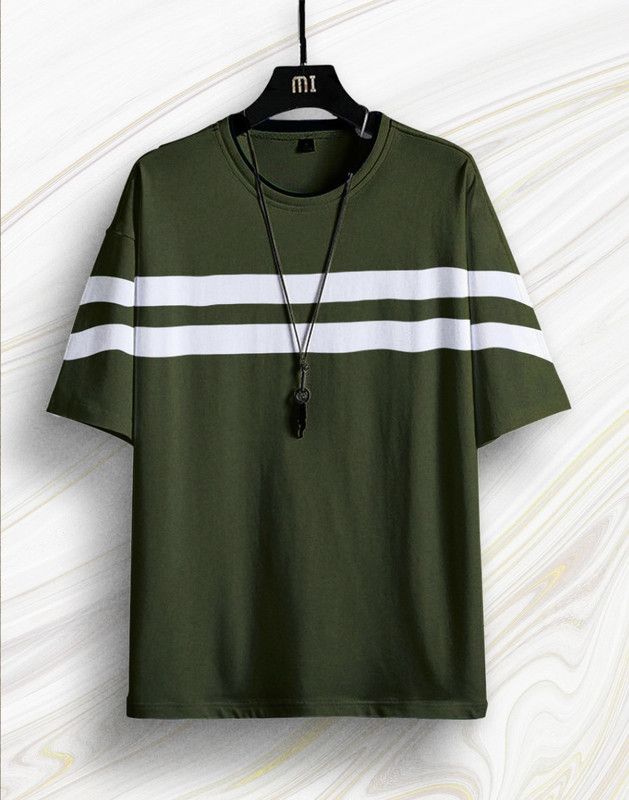Loose Fit Men's T-Shirt Men Striped Round Neck Cotton Blend Green T-Shirt
