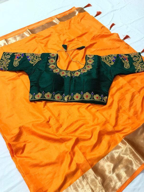 Solid Fashion Silk Blend Saree  (Orange)