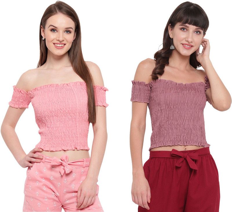 Pack of 2 Casual Cold Shoulder Sleeves Solid Women Purple, Pink Top