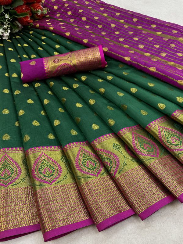 Maheshwari Jacquard Saree  (Dark Green, Purple)