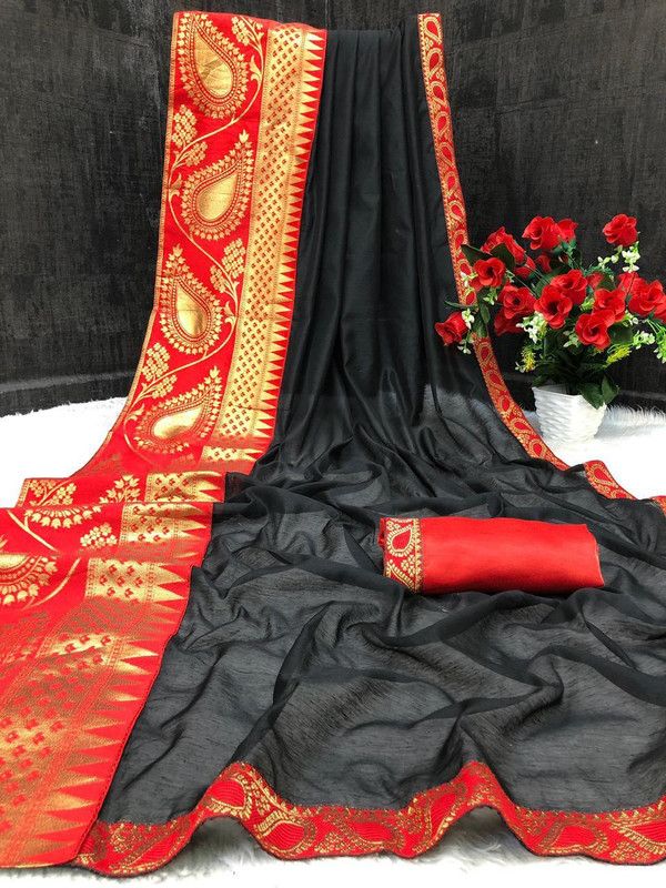 Solid Fashion Art Silk Saree  (Black)