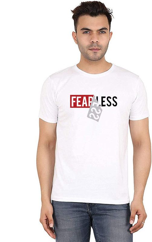 Fearless Printed White Tshirt For Men (100% Cotton) Men Printed Round Neck Pure Cotton White T-Shirt