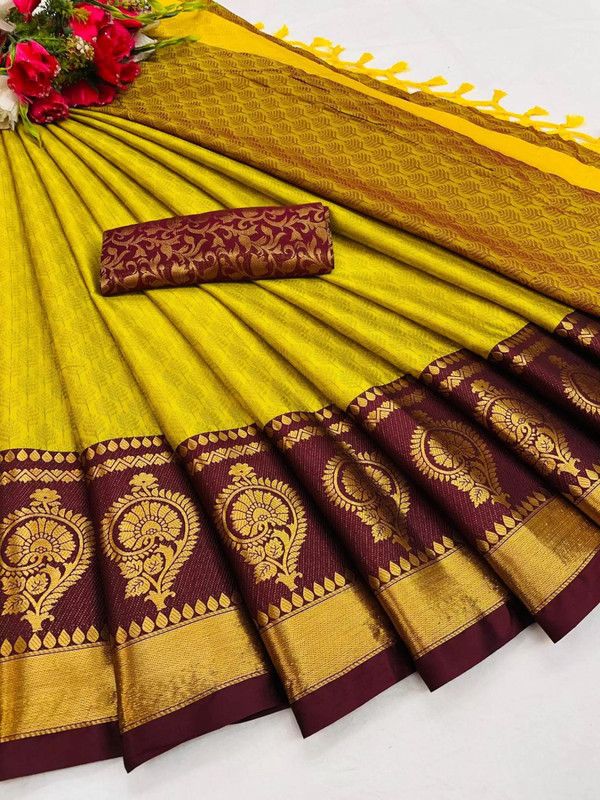 Woven Banarasi Jacquard Saree  (Maroon, Mustard)