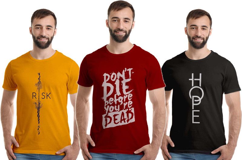 Pack of 3 Men Typography Round Neck Pure Cotton Gold, Maroon, Black T-Shirt