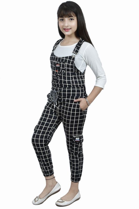 Dungaree For Girls Casual Checkered Lycra Blend  (Black, Pack of 1)