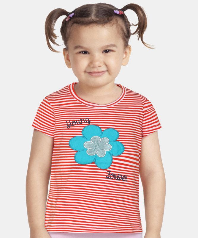 Girls Striped Cotton Blend T Shirt  (Orange, Pack of 1)
