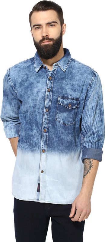 Men Regular Fit Washed Slim Collar Casual Shirt