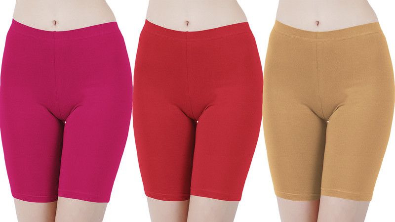 Pack of 3 Solid Women Pink, Red, Brown Cycling Shorts