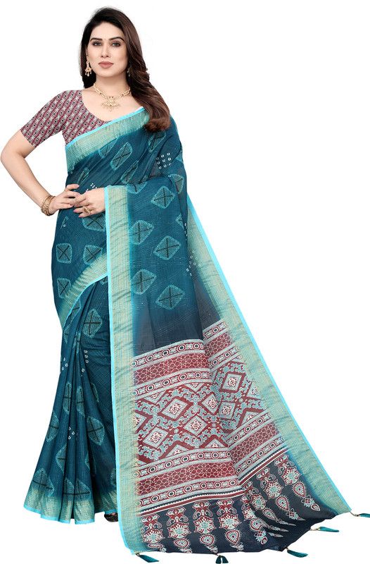 Printed, Self Design Banarasi Cotton Linen Saree  (Multicolor)