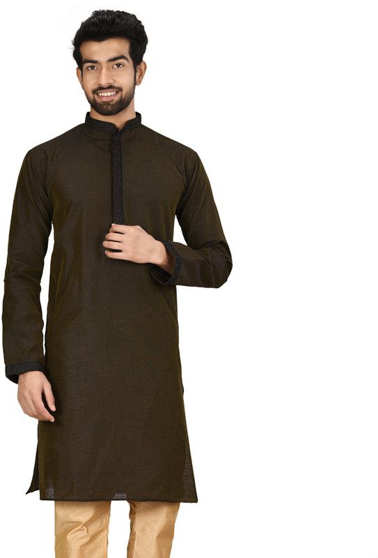 Men Embroidered Pure Cotton Straight Kurta  (Dark Green)