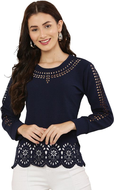 Casual Regular Sleeves Laser Cut Women Dark Blue Top