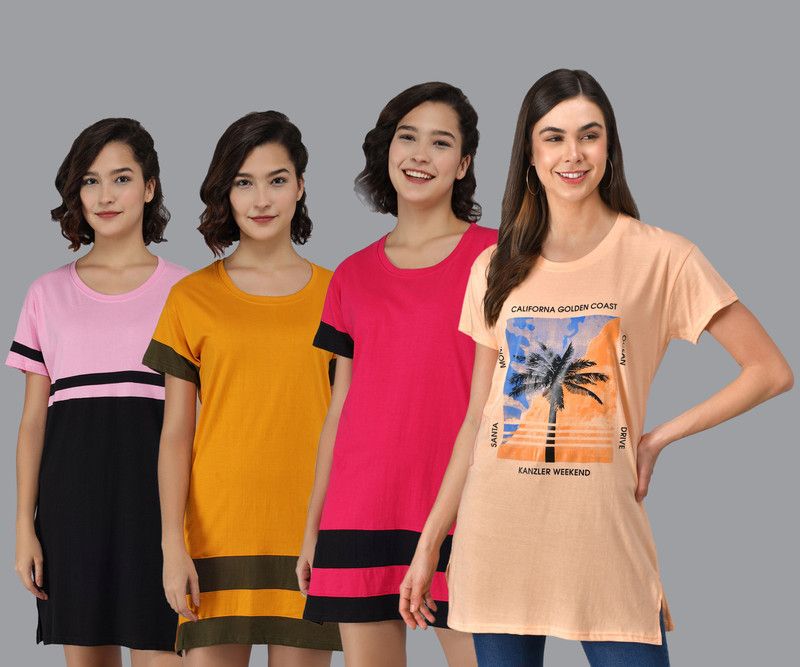 Pack of 4 Women Colorblock Round Neck Pure Cotton Multicolor T-Shirt