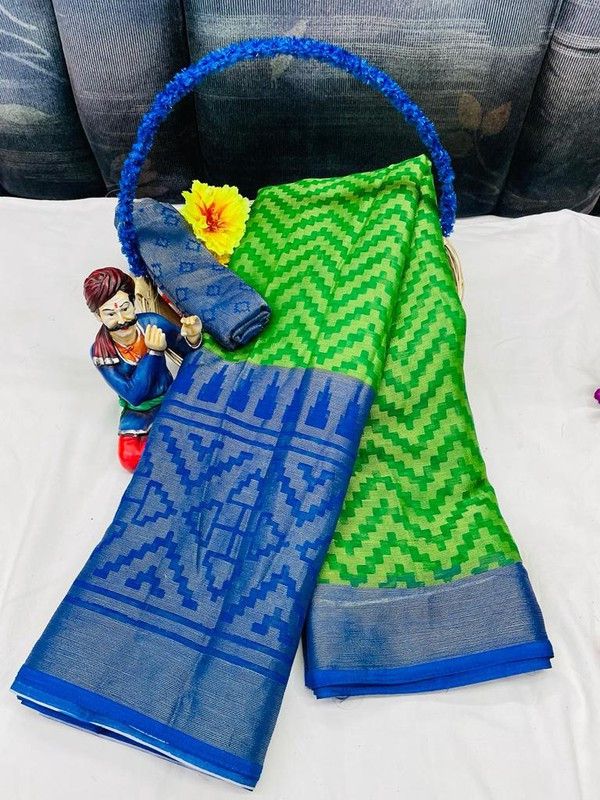 Printed Bollywood Brasso Saree  (Green, Blue)