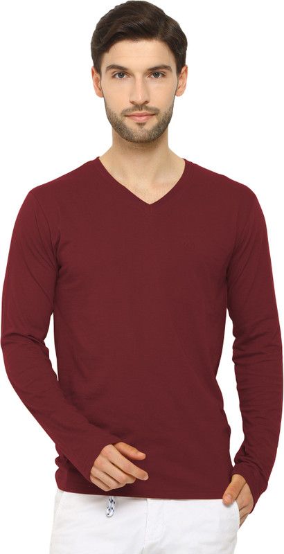 Men Solid V Neck Poly Cotton Maroon T-Shirt
