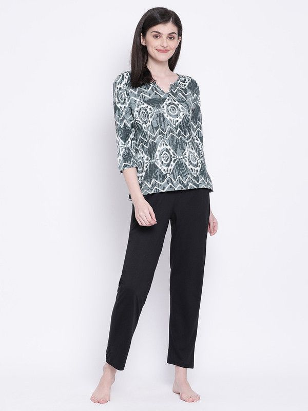 Women Top & Pyjama Set Grey, Black Geometric Print