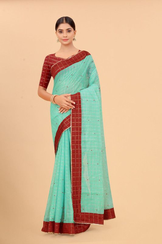 Printed, Embellished, Checkered Chanderi Cotton Blend Saree  (Light Blue)