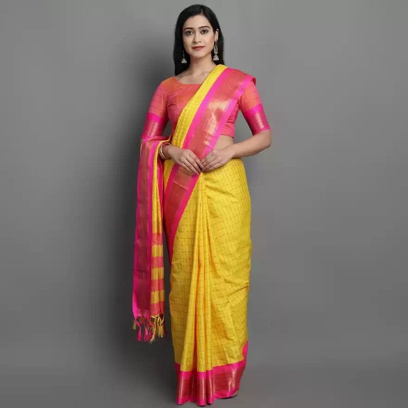 Temple Border, Striped, Woven, Embellished, Checkered Bollywood Pure Cotton Saree  (Yellow)