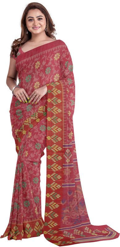 Floral Print Bollywood Cotton Silk Saree  (Red)