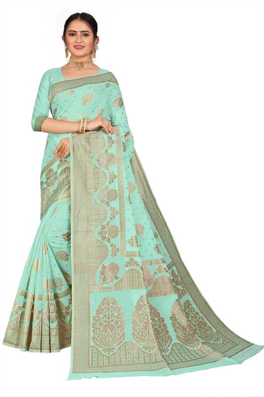 Woven Chanderi Cotton Blend, Jacquard Saree  (Light Blue)