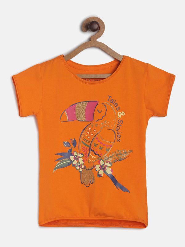 Baby Girls Printed Cotton Blend T Shirt  (Orange, Pack of 1)