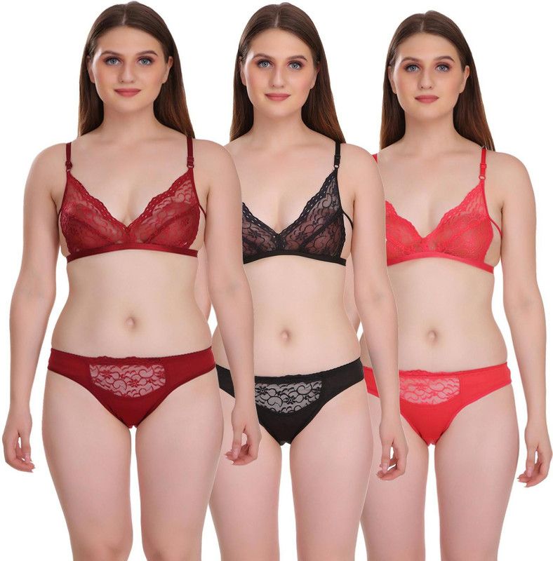 Bra & Panty Set Embroidered Maroon, Pink, Black Lingerie Set