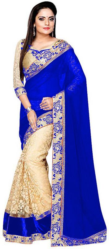 Self Design Bollywood Georgette, Cotton Blend Saree  (Blue, Beige)