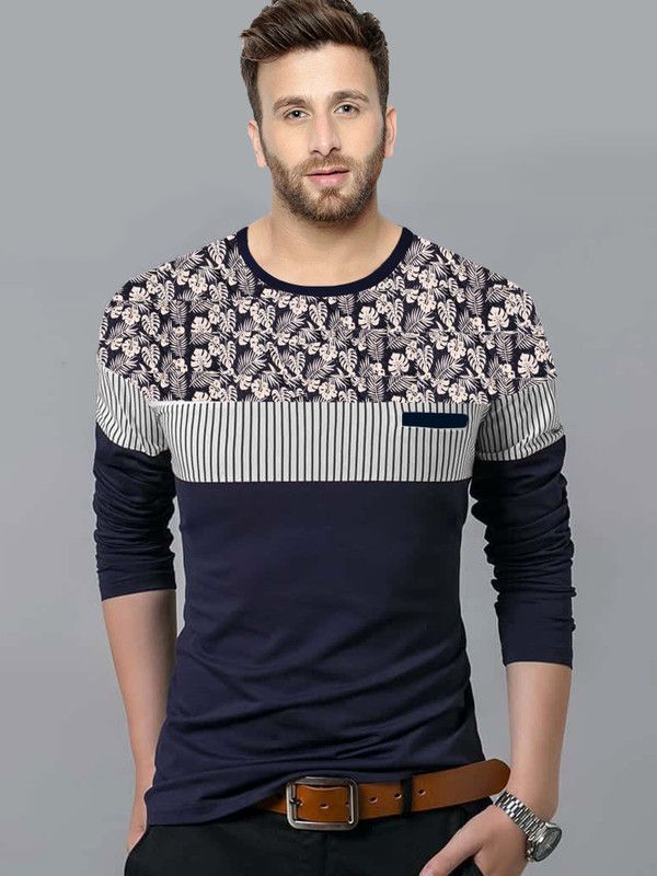 Men Printed Round Neck Pure Cotton Dark Blue, Grey T-Shirt