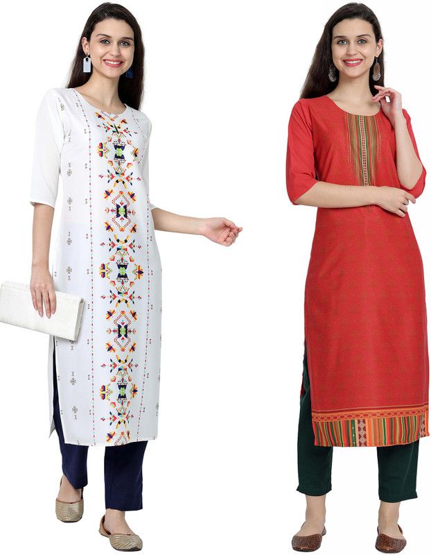Pack of 2 Women Printed Crepe Straight Kurta  (Red, White)