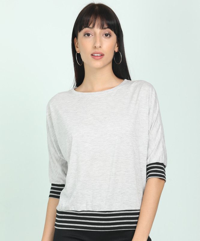 Casual Cuffed Sleeves Self Design Women Grey Top