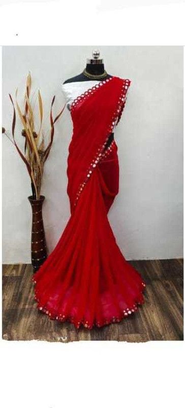Embellished Banarasi Georgette Saree  (Red)