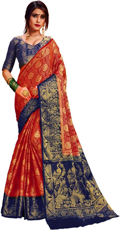 Woven Bollywood Nylon Saree  (Red, Blue)