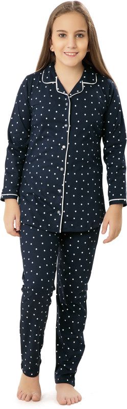 Girls Polka Print Pure Cotton Kids Nightwear  (Blue Pack of 1)