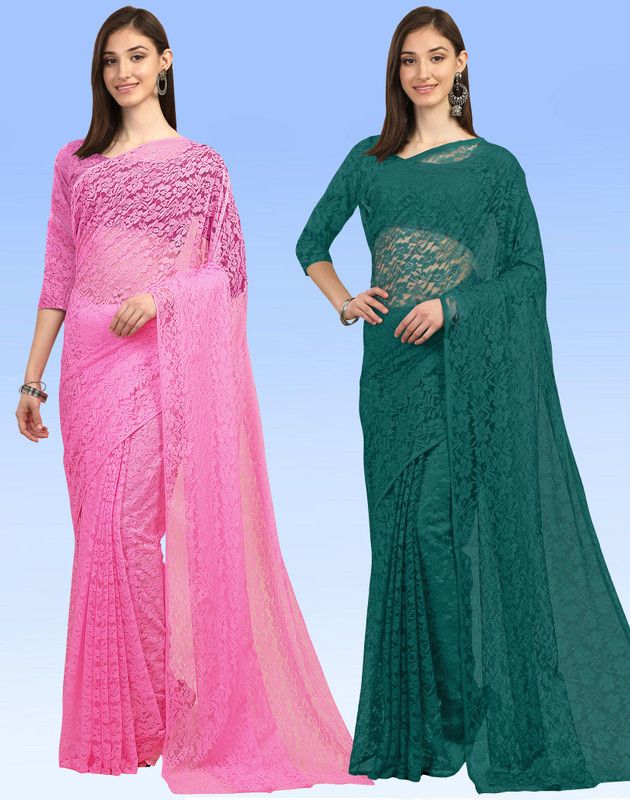 Embellished Bollywood Net, Brasso Saree  (Pack of 2, Pink, Green)