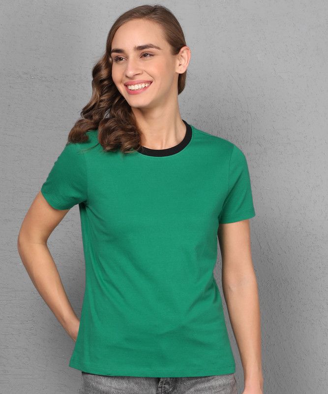 Solid Women Round Neck Cotton Blend Green T-Shirt