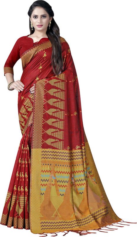 Printed, Digital Print, Temple Border, Geometric Print, Animal Print, Applique Bollywood Silk Blend, Cotton Blend Saree  (Maroon)